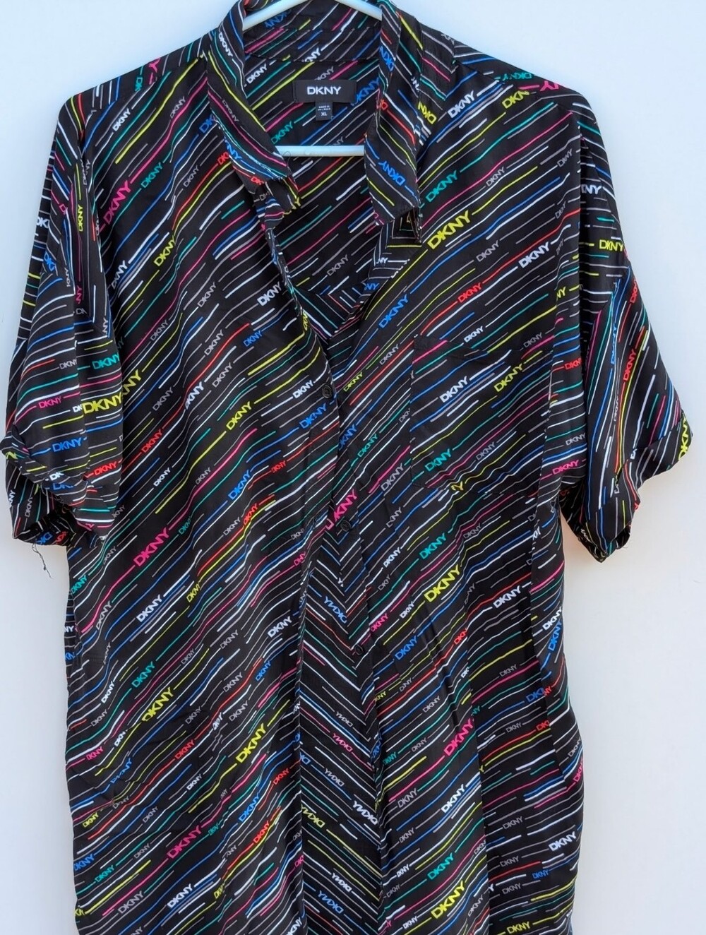 DKNY Rainbow Pride Neon Diagonal Striped Logo Shirt XL